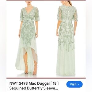 NWT $498 Mac Duggal Sequined Butterfly Sleeve High Low Gown Sage Dress Size 4